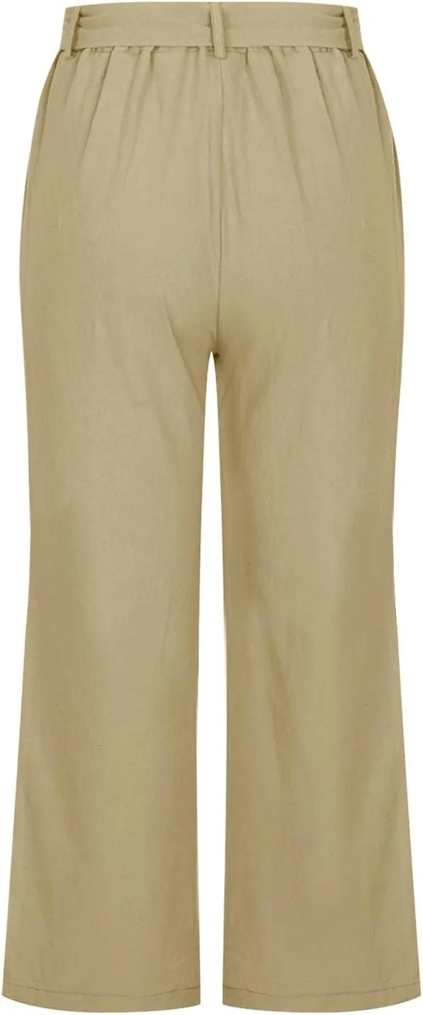 Capri Pants Women Cotton Linen Summer Casual Pants Elastic Waist Drawstring Lightweight Pockets Beach Cropped Trouser