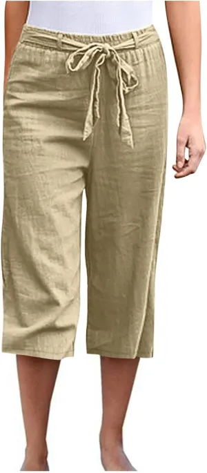 Capri Pants Women Cotton Linen Summer Casual Pants Elastic Waist Drawstring Lightweight Pockets Beach Cropped Trouser