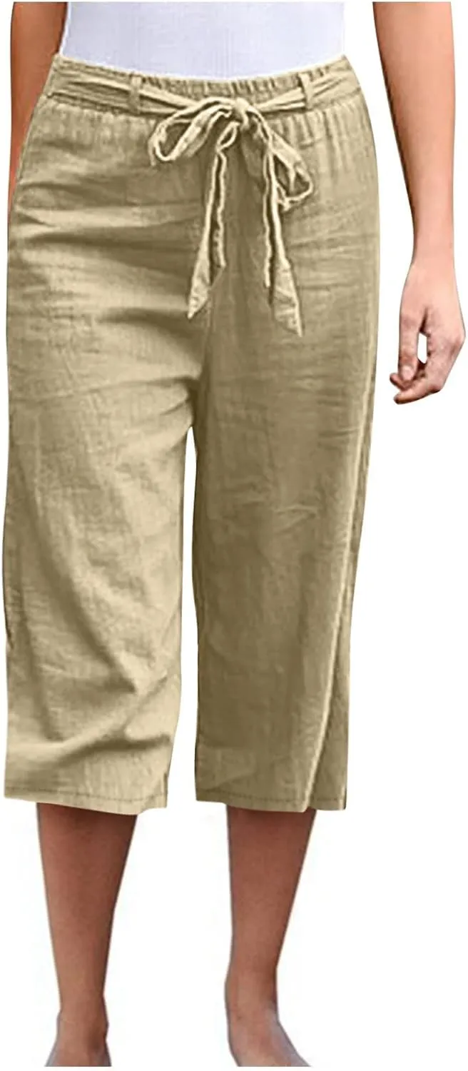 Capri Pants Women Cotton Linen Summer Casual Pants Elastic Waist Drawstring Lightweight Pockets Beach Cropped Trouser