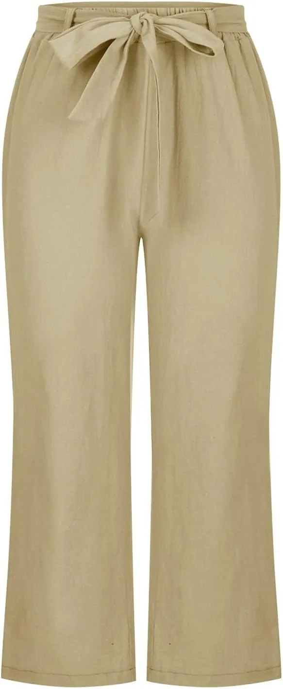 Capri Pants Women Cotton Linen Summer Casual Pants Elastic Waist Drawstring Lightweight Pockets Beach Cropped Trouser