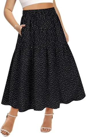 CARCOS Plus Size Skirts for Curvy Women Elastic High Waist Boho Maxi Skirt Pleated A-Line Tiered Long Skirts with Pockets