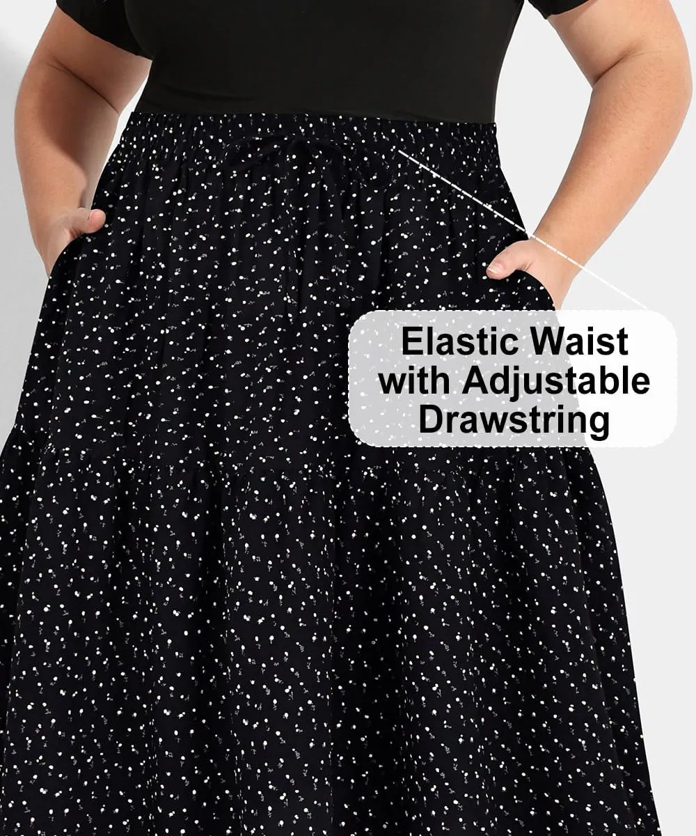 CARCOS Plus Size Skirts for Curvy Women Elastic High Waist Boho Maxi Skirt Pleated A-Line Tiered Long Skirts with Pockets