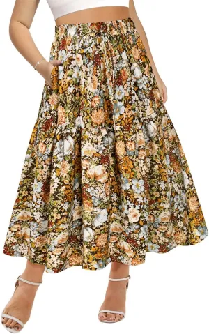 CARCOS Plus Size Skirts for Curvy Women Elastic High Waist Boho Maxi Skirt Pleated A-Line Tiered Long Skirts with Pockets