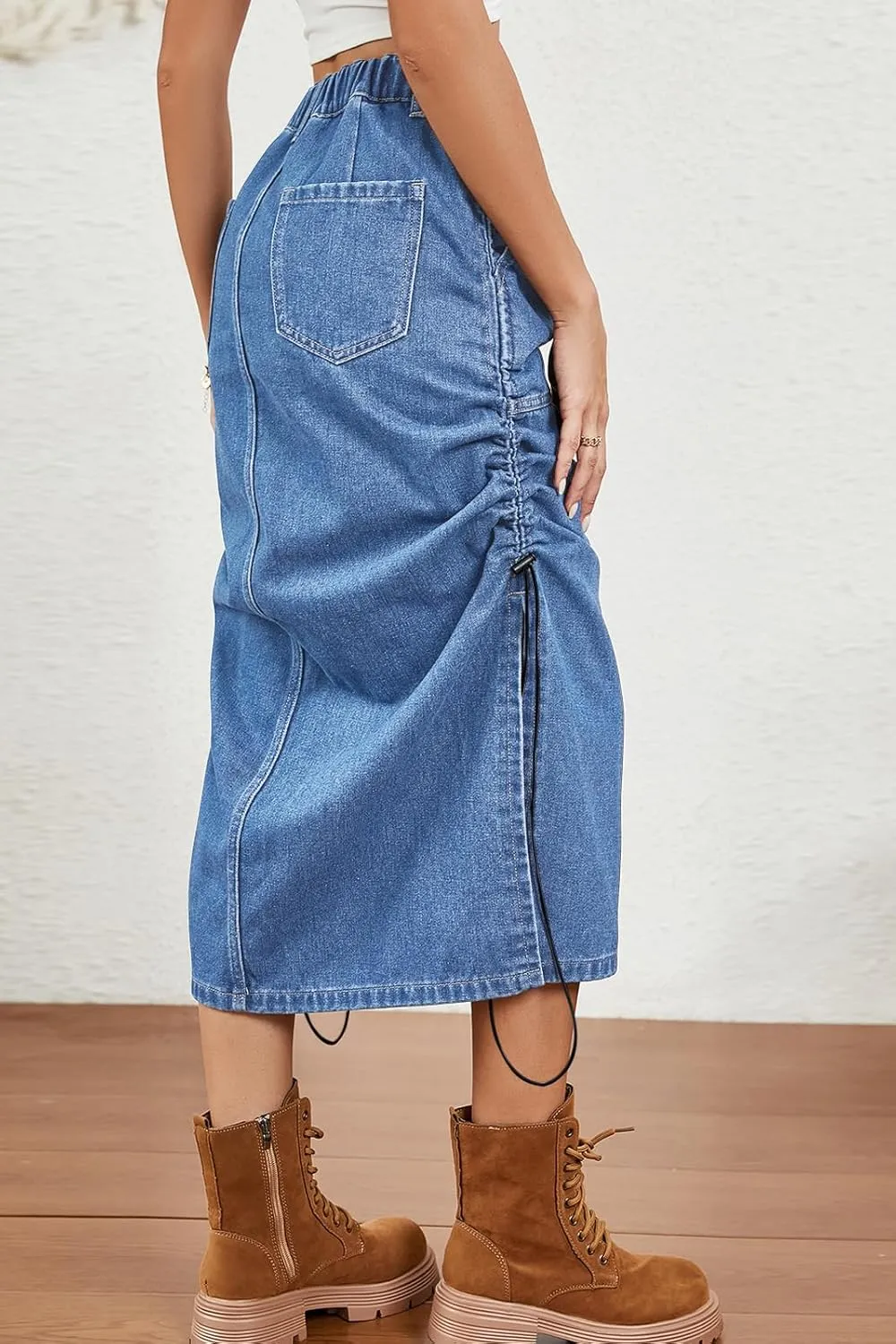 CHARTOU Casual Ruched Jean Skirts for Women Mid Long Denim Midi Skirt with Slit High Waisted Split Skirt Pocket Y2k