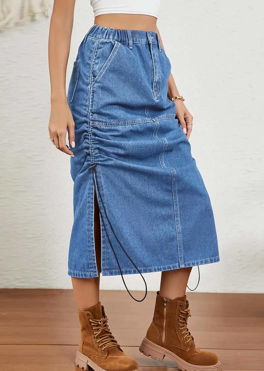 CHARTOU Casual Ruched Jean Skirts for Women Mid Long Denim Midi Skirt with Slit High Waisted Split Skirt Pocket Y2k