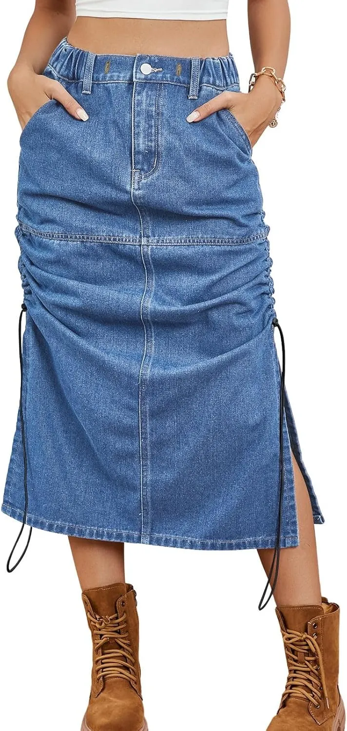 CHARTOU Casual Ruched Jean Skirts for Women Mid Long Denim Midi Skirt with Slit High Waisted Split Skirt Pocket Y2k