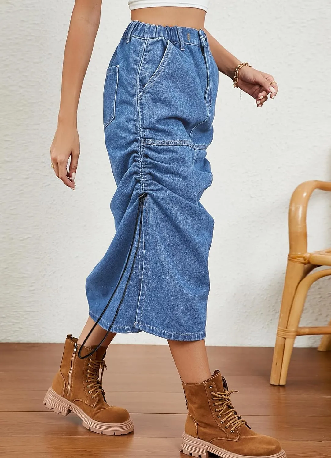 CHARTOU Casual Ruched Jean Skirts for Women Mid Long Denim Midi Skirt with Slit High Waisted Split Skirt Pocket Y2k