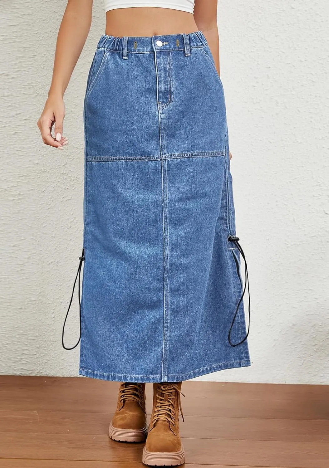 CHARTOU Casual Ruched Jean Skirts for Women Mid Long Denim Midi Skirt with Slit High Waisted Split Skirt Pocket Y2k