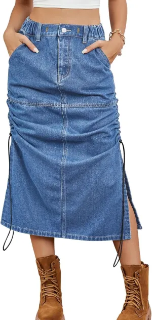 CHARTOU Casual Ruched Jean Skirts for Women Mid Long Denim Midi Skirt with Slit High Waisted Split Skirt Pocket Y2k