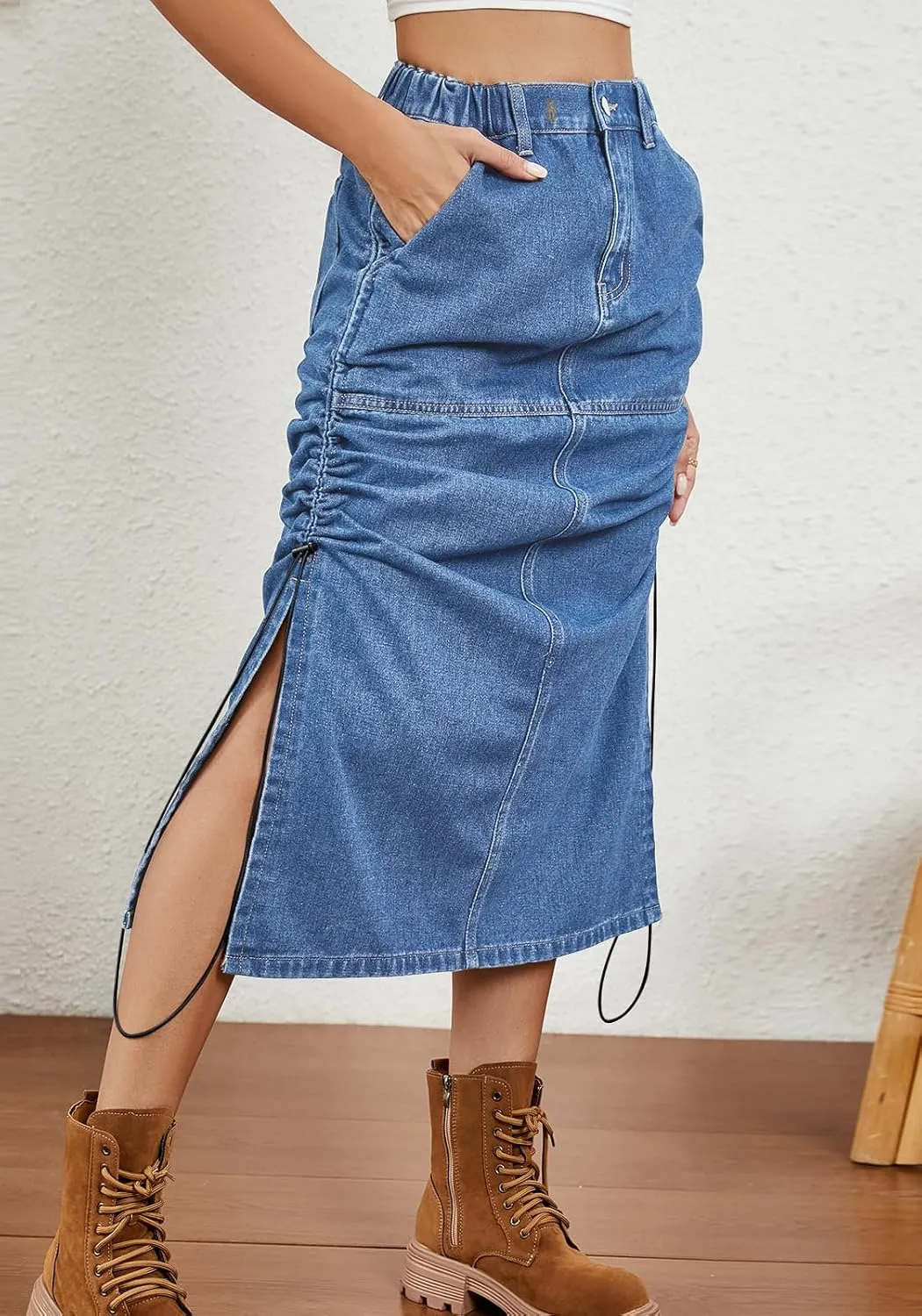 CHARTOU Casual Ruched Jean Skirts for Women Mid Long Denim Midi Skirt with Slit High Waisted Split Skirt Pocket Y2k
