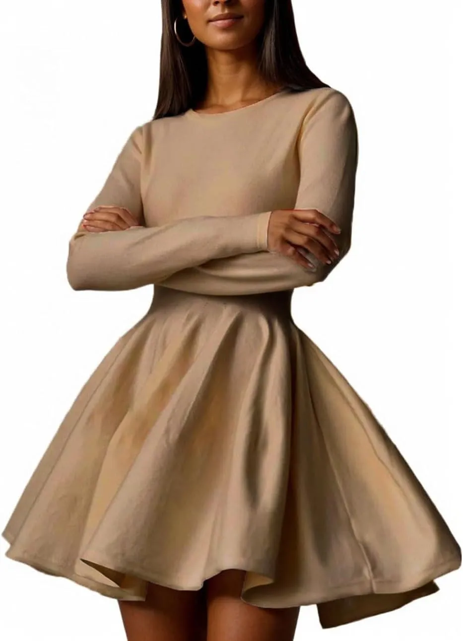 CHARTOU Women Basic Sweater Dress Long Sleeve Pleated Flared Knitted Short Dresses