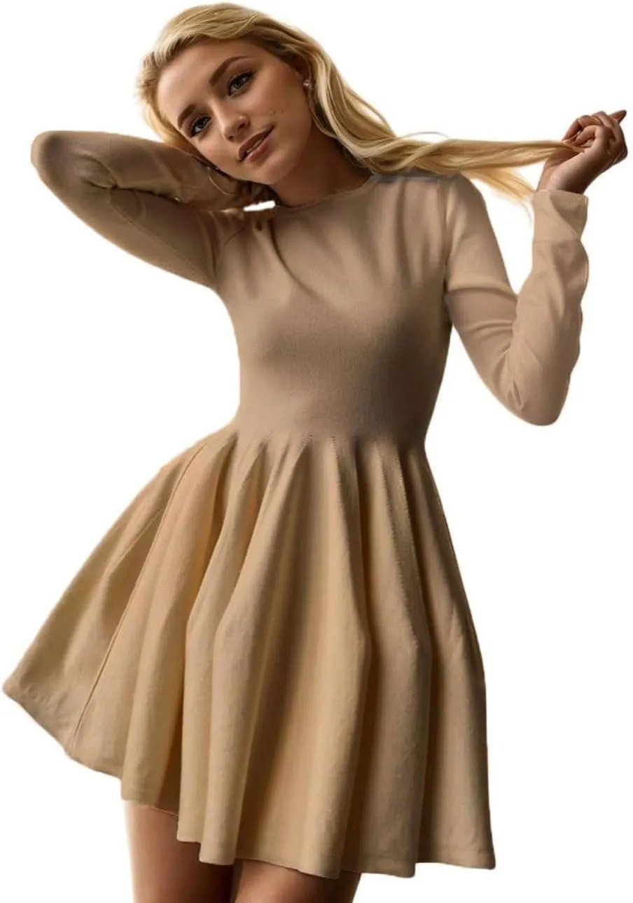 CHARTOU Women Basic Sweater Dress Long Sleeve Pleated Flared Knitted Short Dresses