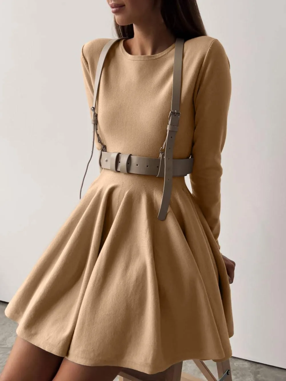 CHARTOU Women Basic Sweater Dress Long Sleeve Pleated Flared Knitted Short Dresses