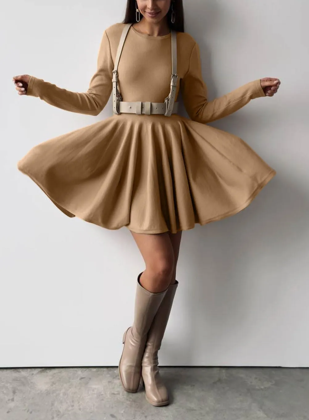 CHARTOU Women Basic Sweater Dress Long Sleeve Pleated Flared Knitted Short Dresses