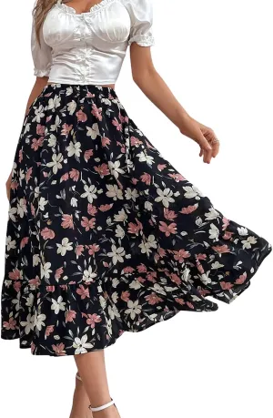 CHARTOU Women's Elastic High Waist Floral Print Pleated Flowy Flared A-Line Midi Long Skirt