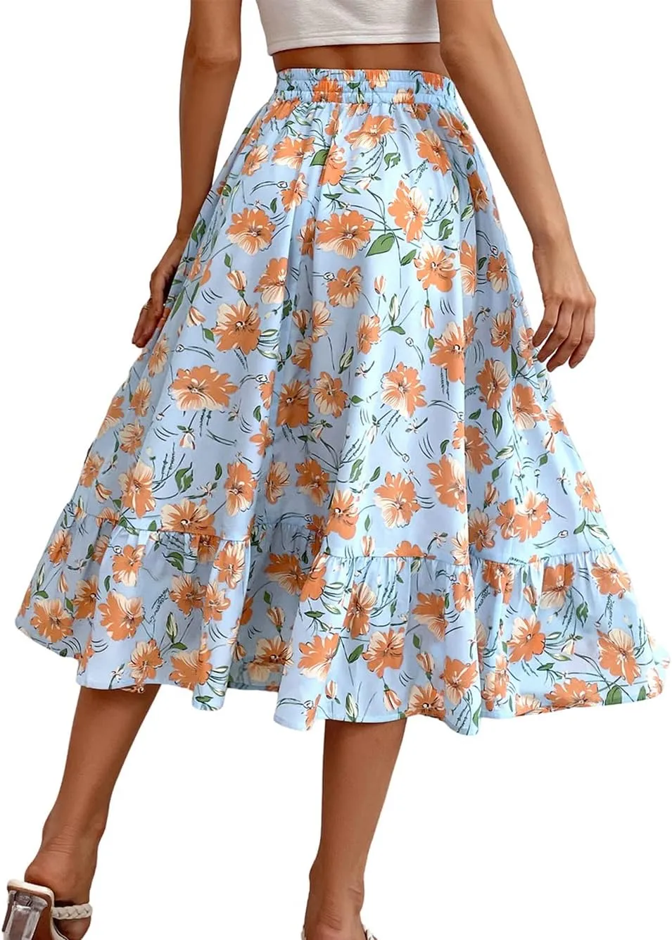 CHARTOU Women's Elastic High Waist Floral Print Pleated Flowy Flared A-Line Midi Long Skirt