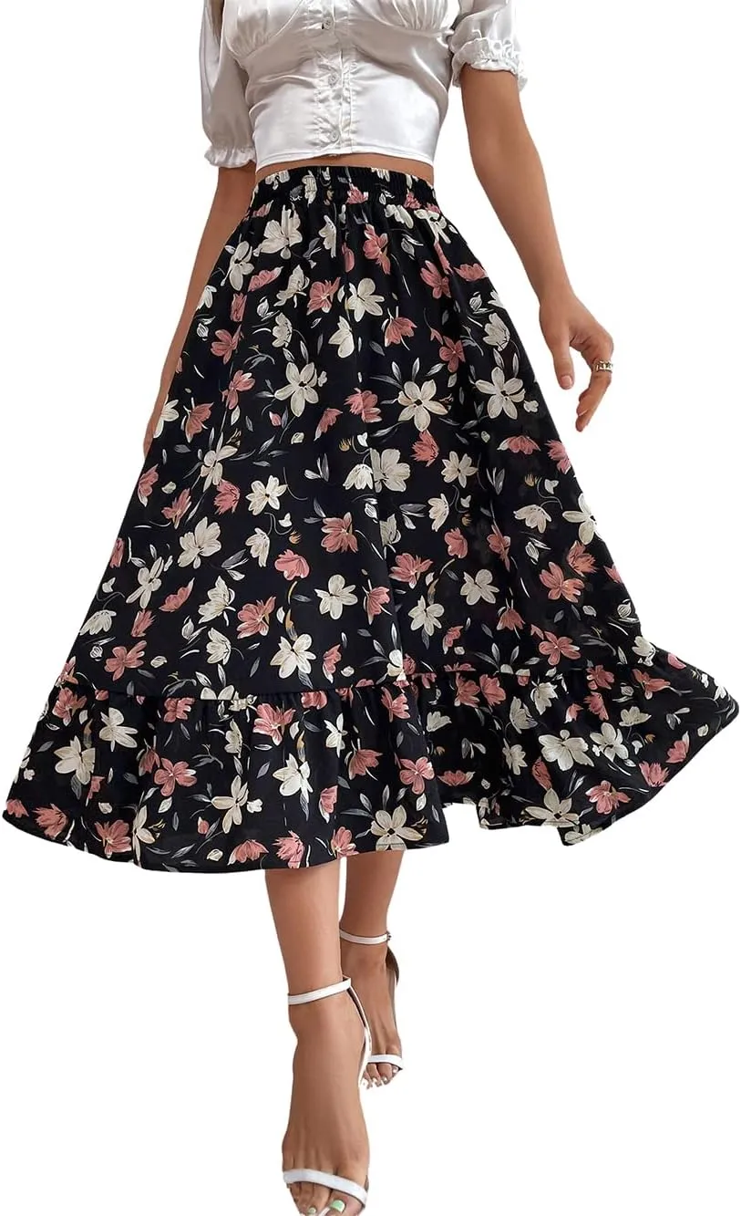 CHARTOU Women's Elastic High Waist Floral Print Pleated Flowy Flared A-Line Midi Long Skirt