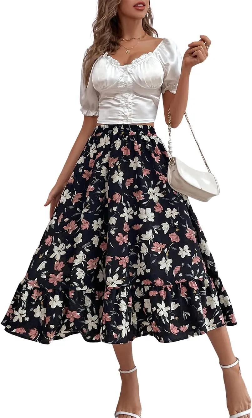 CHARTOU Women's Elastic High Waist Floral Print Pleated Flowy Flared A-Line Midi Long Skirt