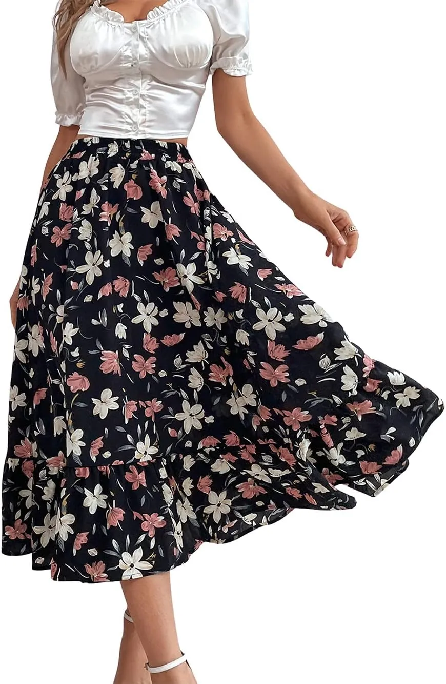 CHARTOU Women's Elastic High Waist Floral Print Pleated Flowy Flared A-Line Midi Long Skirt