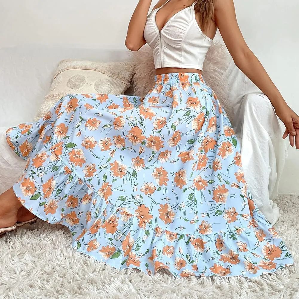 CHARTOU Women's Elastic High Waist Floral Print Pleated Flowy Flared A-Line Midi Long Skirt