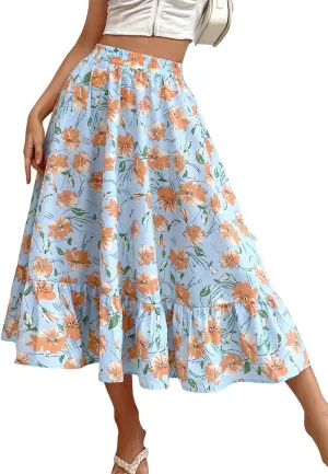 CHARTOU Women's Elastic High Waist Floral Print Pleated Flowy Flared A-Line Midi Long Skirt