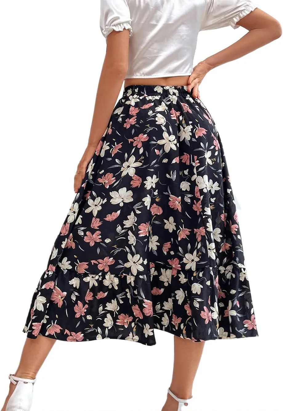 CHARTOU Women's Elastic High Waist Floral Print Pleated Flowy Flared A-Line Midi Long Skirt