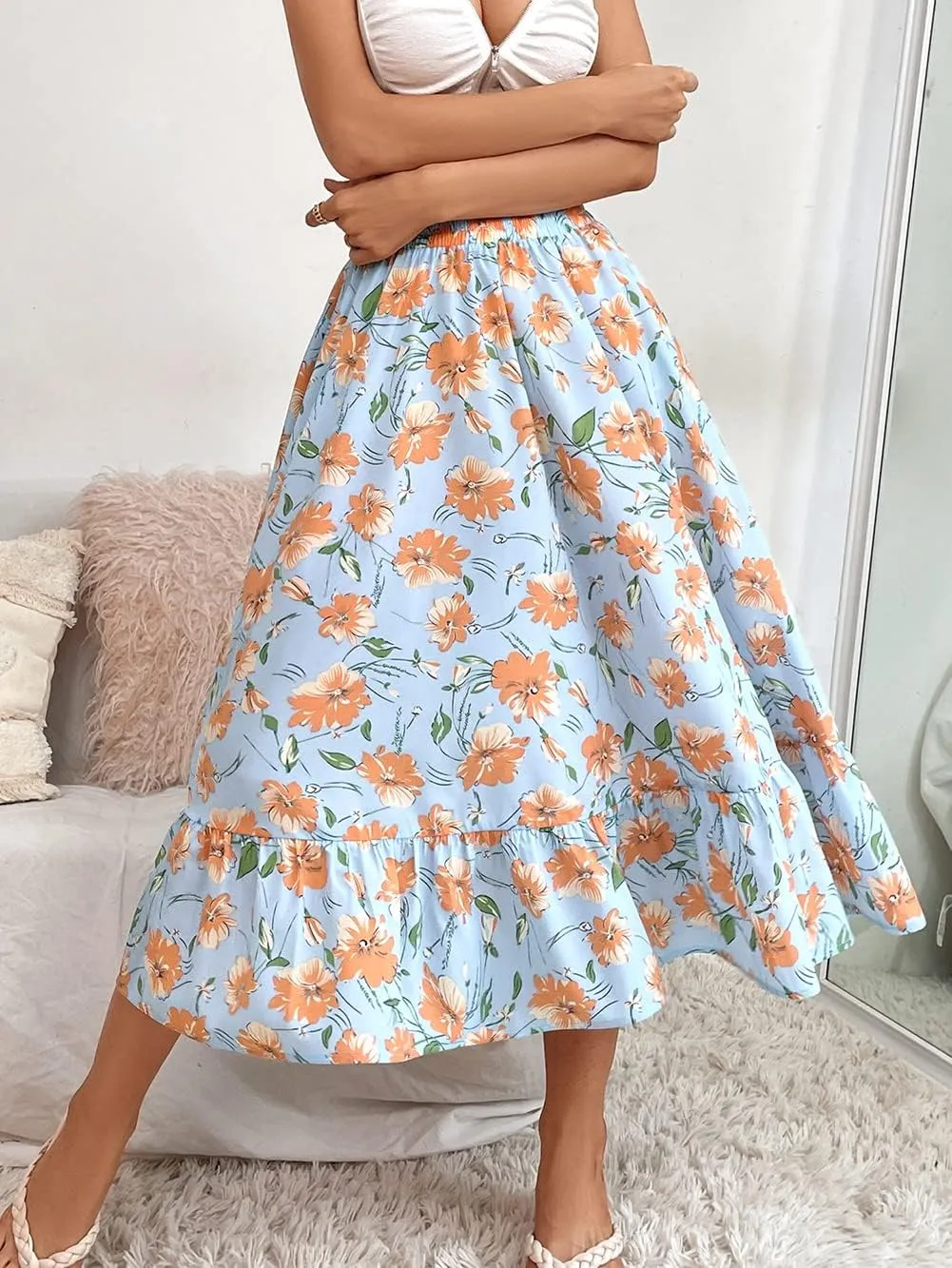 CHARTOU Women's Elastic High Waist Floral Print Pleated Flowy Flared A-Line Midi Long Skirt