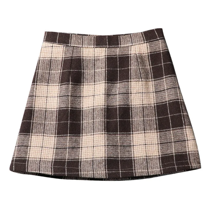 Chequered Hip Flattering Wool Mid-Length Skirt All-Matching High Waist Slim Look Short Skirt