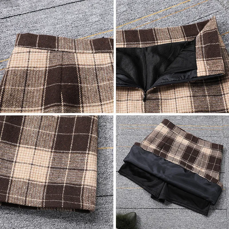 Chequered Hip Flattering Wool Mid-Length Skirt All-Matching High Waist Slim Look Short Skirt