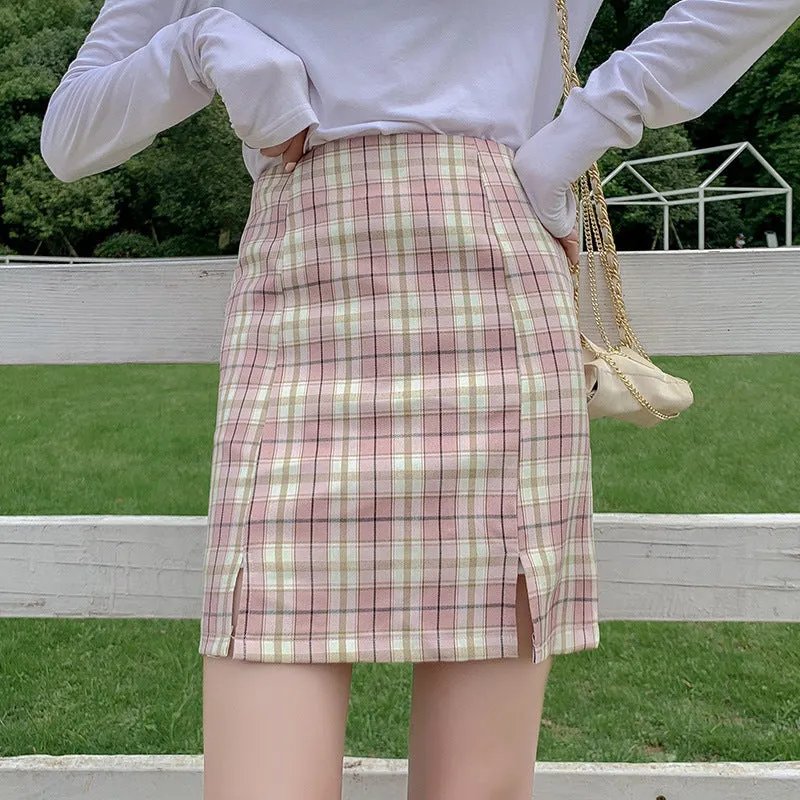 Chequered Skirt Women Pleated Korean Student High Waist Splitted A-Line Hip Flattering Skirt