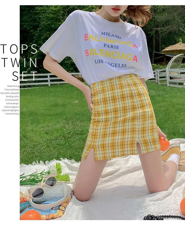 Chequered Skirt Women Pleated Korean Student High Waist Splitted A-Line Hip Flattering Skirt