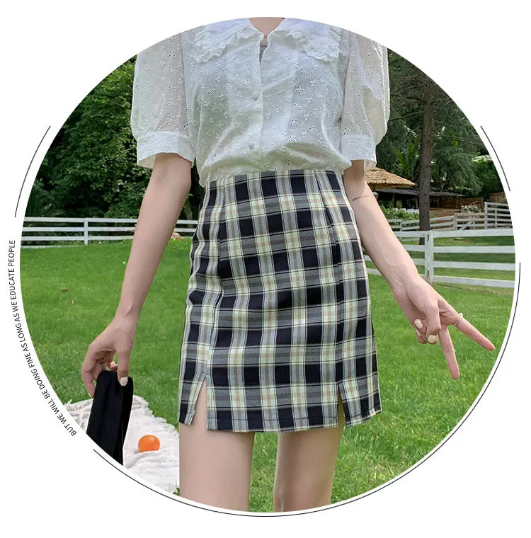Chequered Skirt Women Pleated Korean Student High Waist Splitted A-Line Hip Flattering Skirt