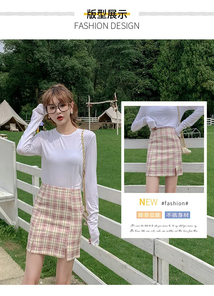 Chequered Skirt Women Pleated Korean Student High Waist Splitted A-Line Hip Flattering Skirt