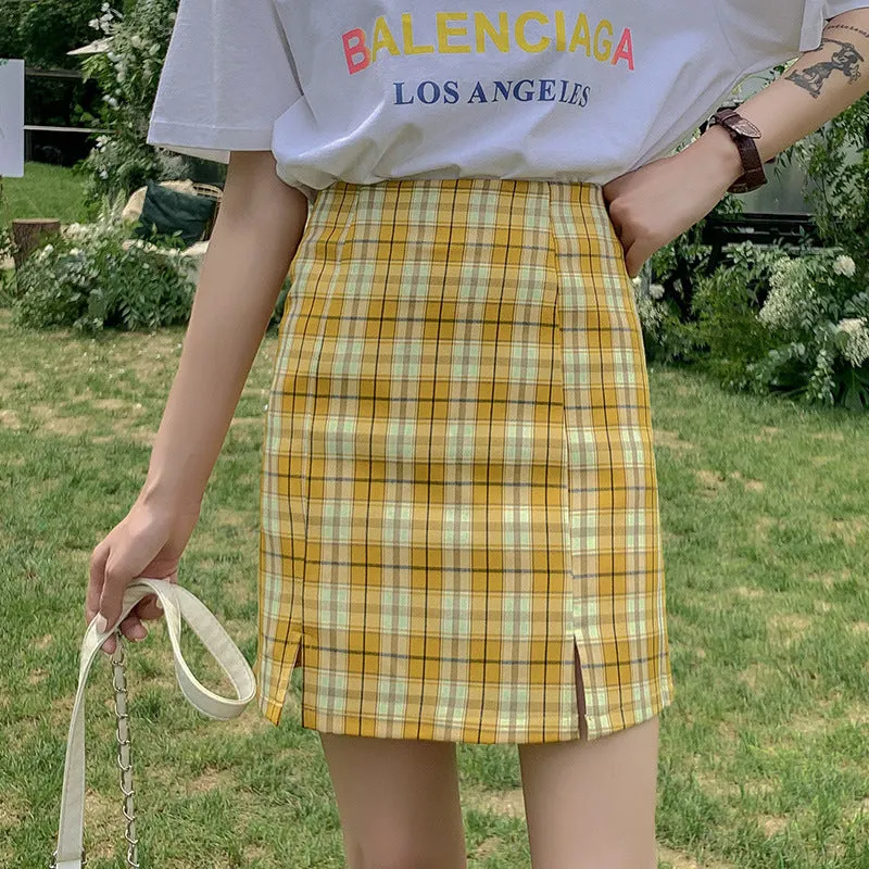 Chequered Skirt Women Pleated Korean Student High Waist Splitted A-Line Hip Flattering Skirt