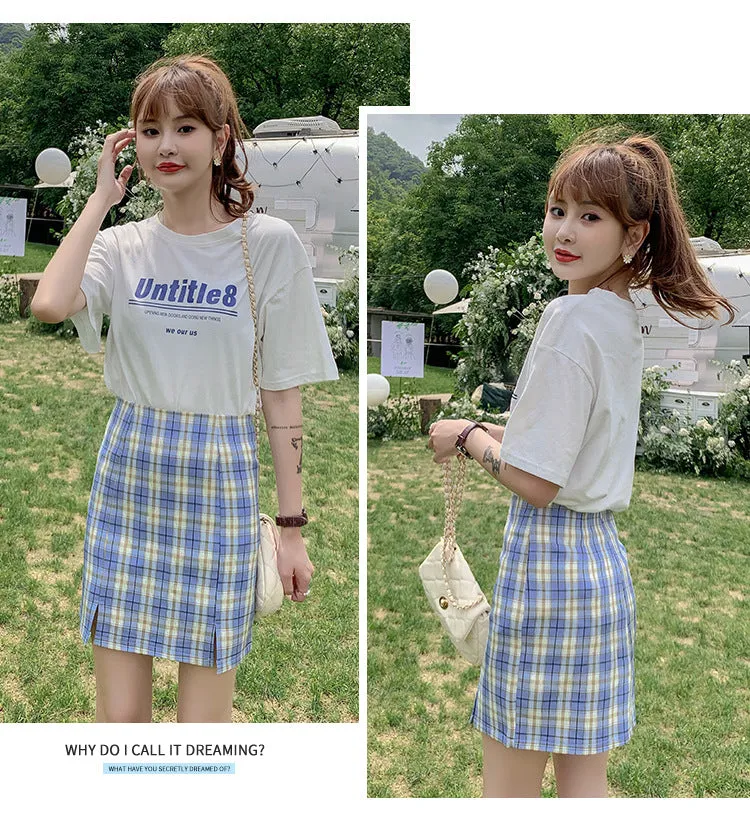 Chequered Skirt Women Pleated Korean Student High Waist Splitted A-Line Hip Flattering Skirt