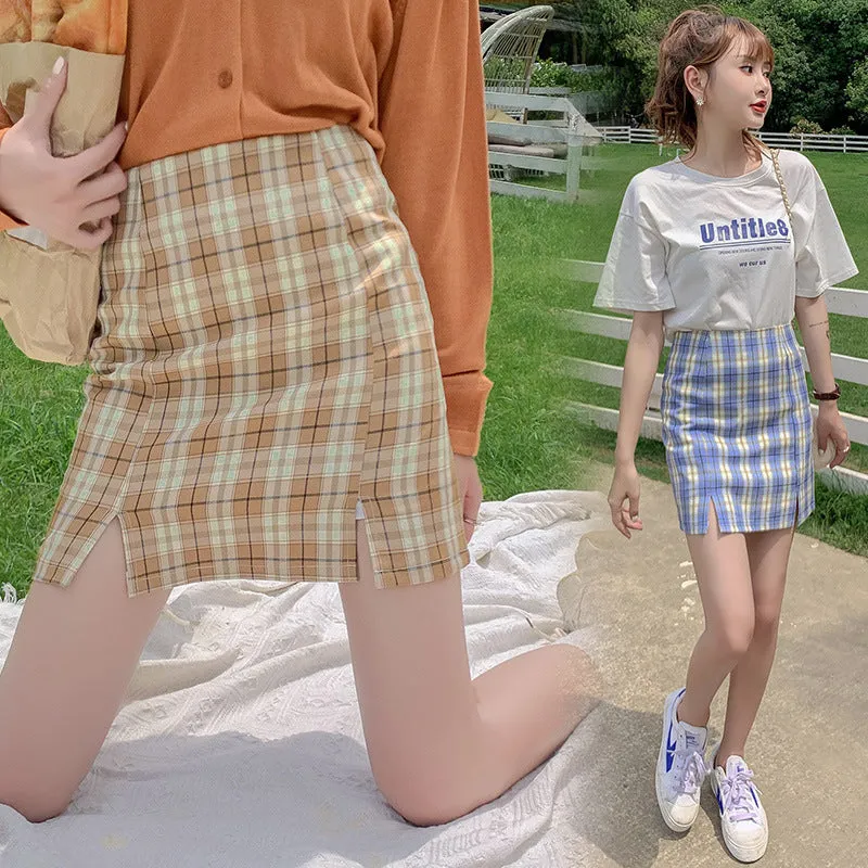 Chequered Skirt Women Pleated Korean Student High Waist Splitted A-Line Hip Flattering Skirt