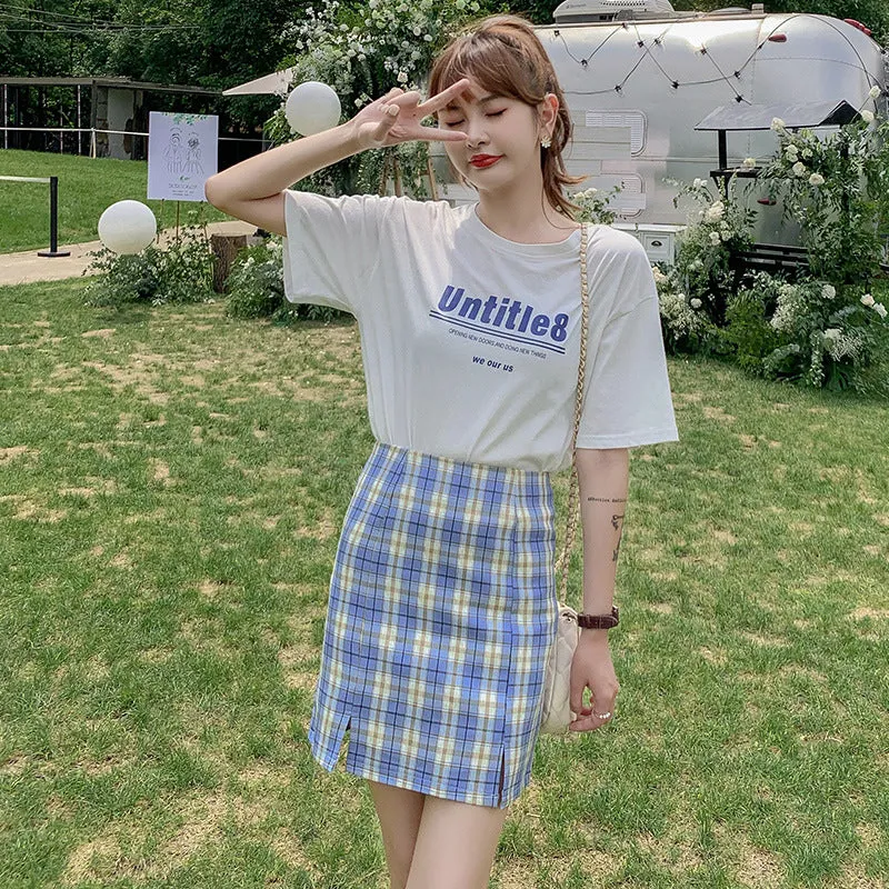 Chequered Skirt Women Pleated Korean Student High Waist Splitted A-Line Hip Flattering Skirt