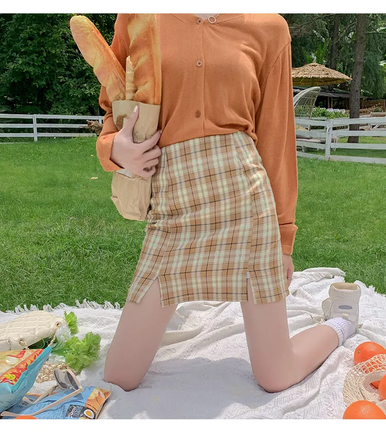Chequered Skirt Women Pleated Korean Student High Waist Splitted A-Line Hip Flattering Skirt