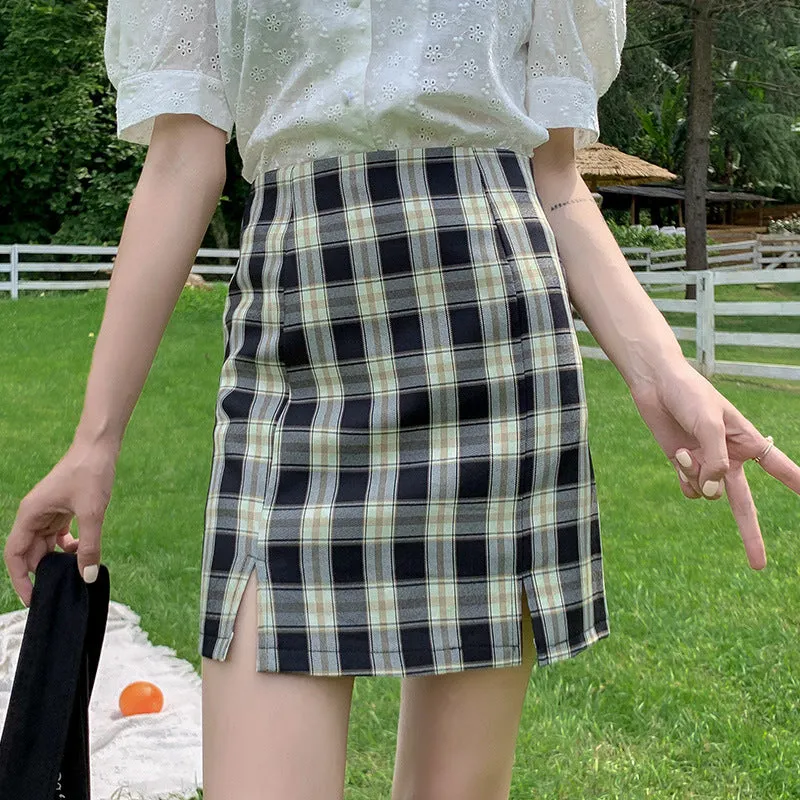 Chequered Skirt Women Pleated Korean Student High Waist Splitted A-Line Hip Flattering Skirt