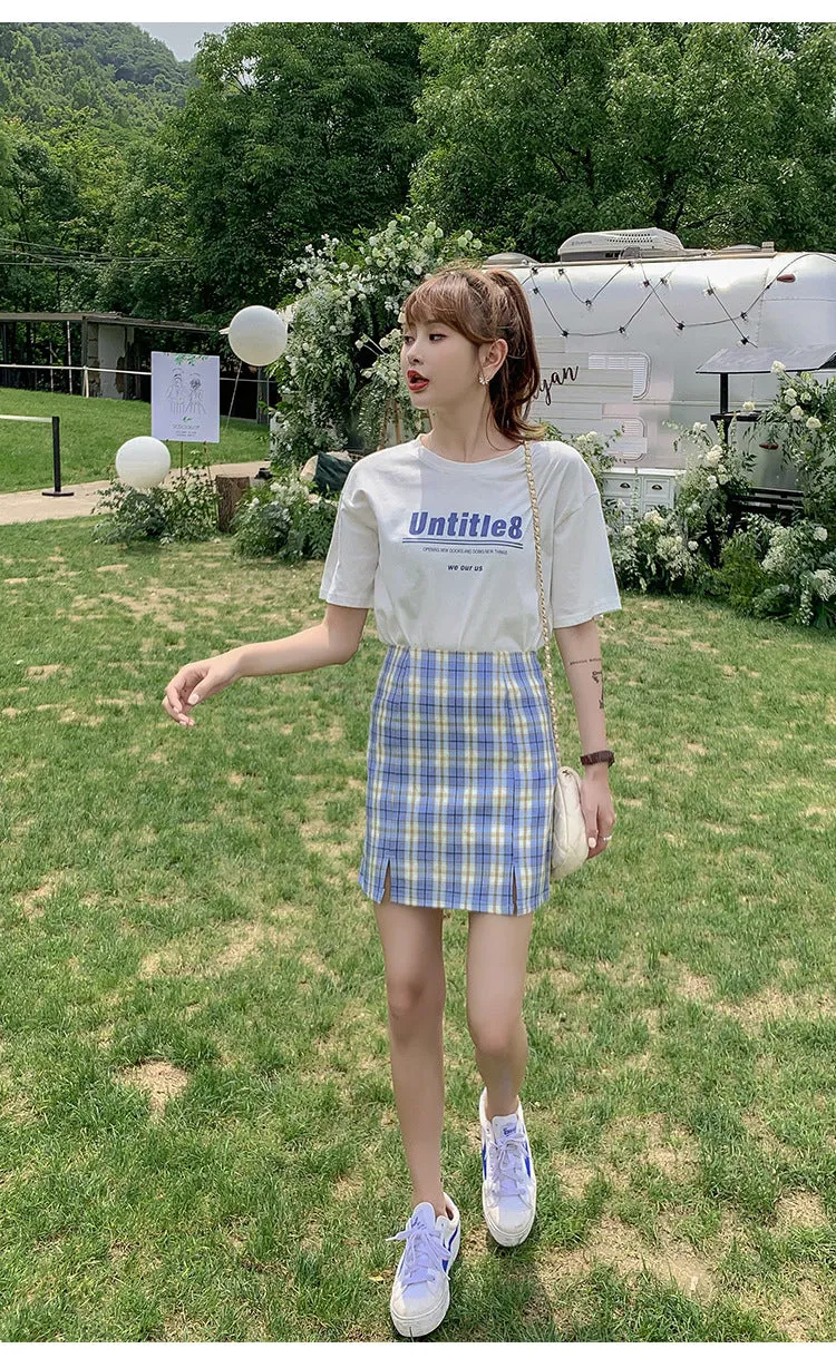 Chequered Skirt Women Pleated Korean Student High Waist Splitted A-Line Hip Flattering Skirt