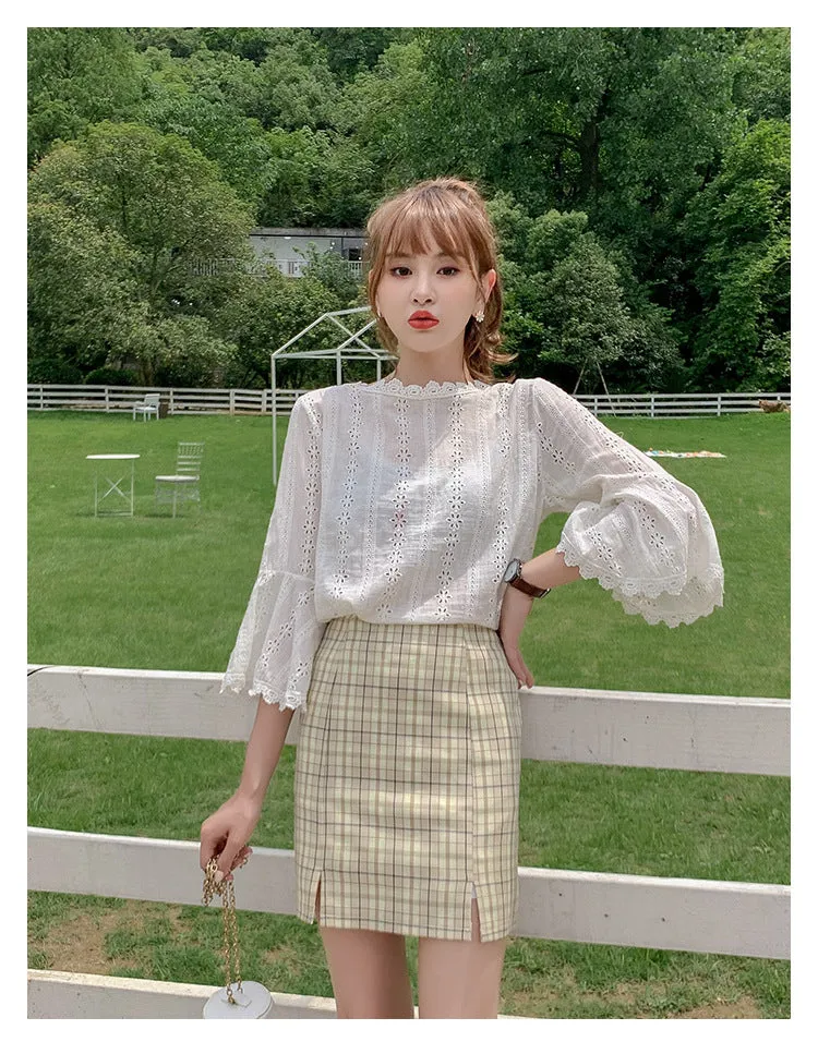 Chequered Skirt Women Pleated Korean Student High Waist Splitted A-Line Hip Flattering Skirt