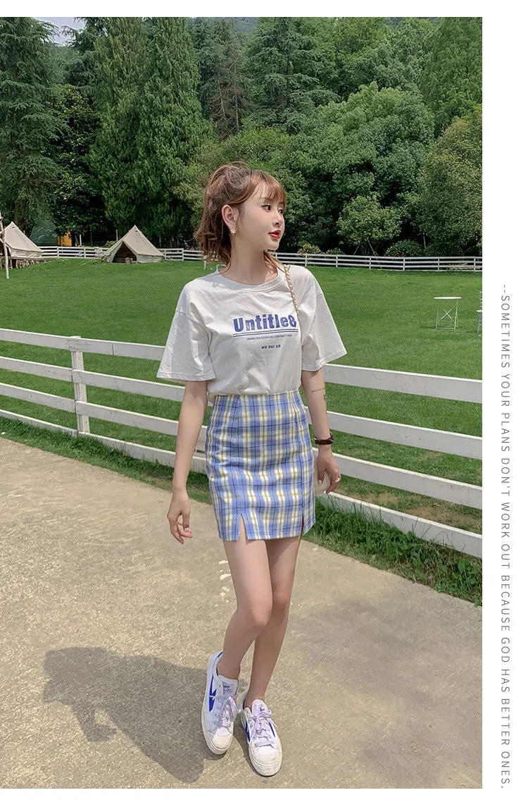 Chequered Skirt Women Pleated Korean Student High Waist Splitted A-Line Hip Flattering Skirt