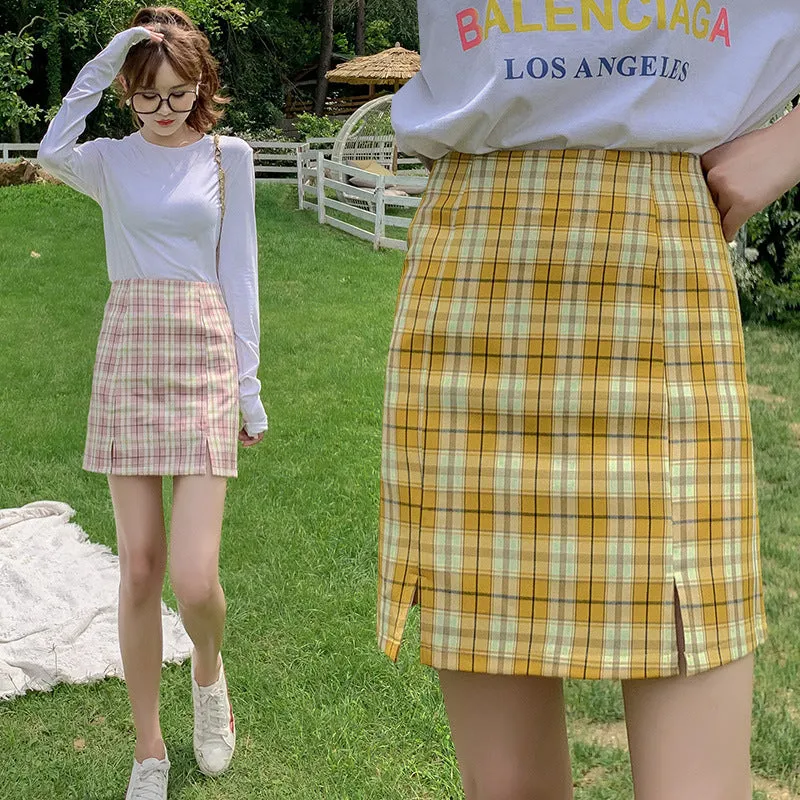 Chequered Skirt Women Pleated Korean Student High Waist Splitted A-Line Hip Flattering Skirt