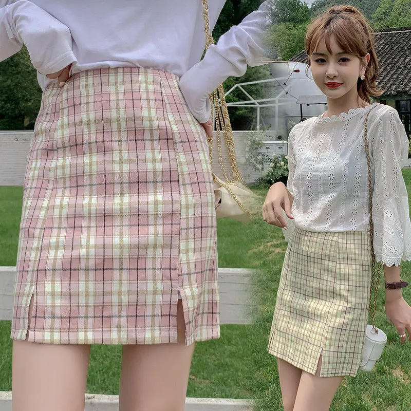 Chequered Skirt Women Pleated Korean Student High Waist Splitted A-Line Hip Flattering Skirt