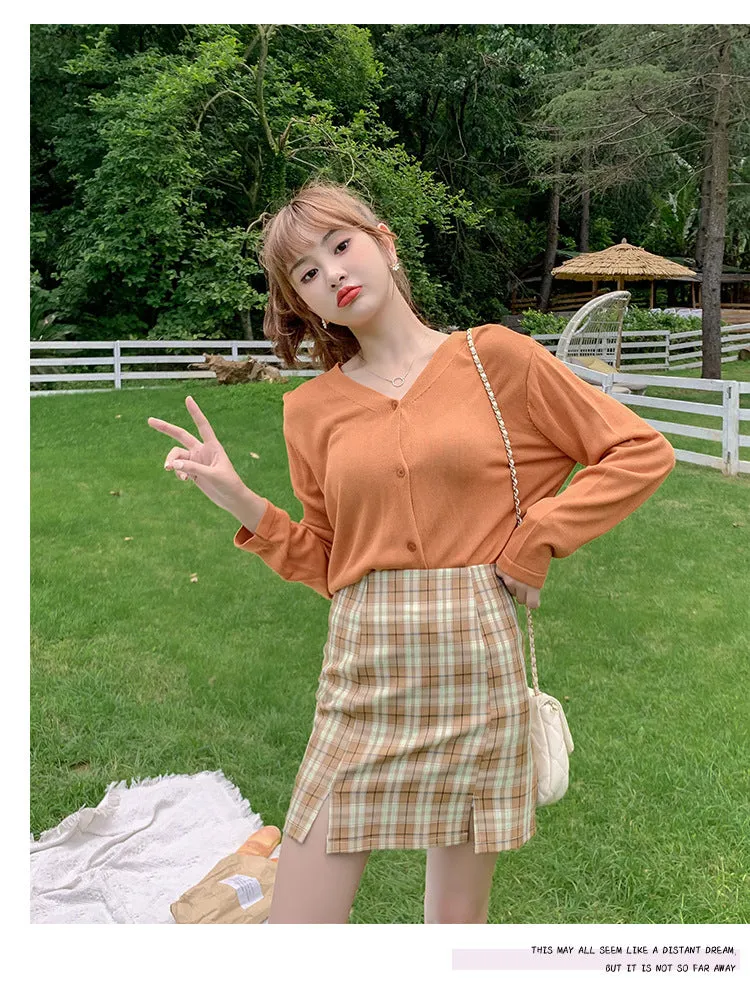 Chequered Skirt Women Pleated Korean Student High Waist Splitted A-Line Hip Flattering Skirt