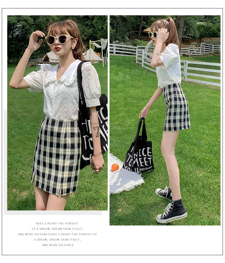 Chequered Skirt Women Pleated Korean Student High Waist Splitted A-Line Hip Flattering Skirt