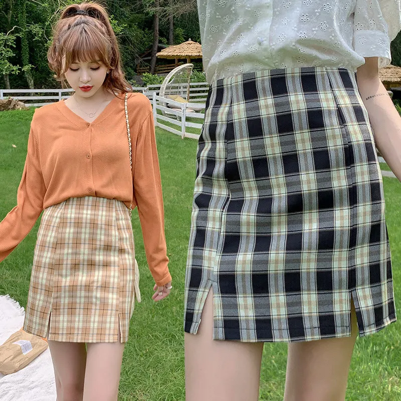 Chequered Skirt Women Pleated Korean Student High Waist Splitted A-Line Hip Flattering Skirt