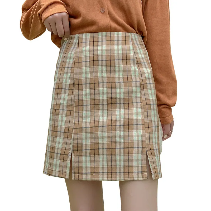 Chequered Skirt Women Pleated Korean Student High Waist Splitted A-Line Hip Flattering Skirt