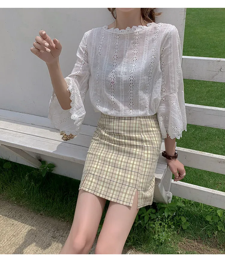Chequered Skirt Women Pleated Korean Student High Waist Splitted A-Line Hip Flattering Skirt