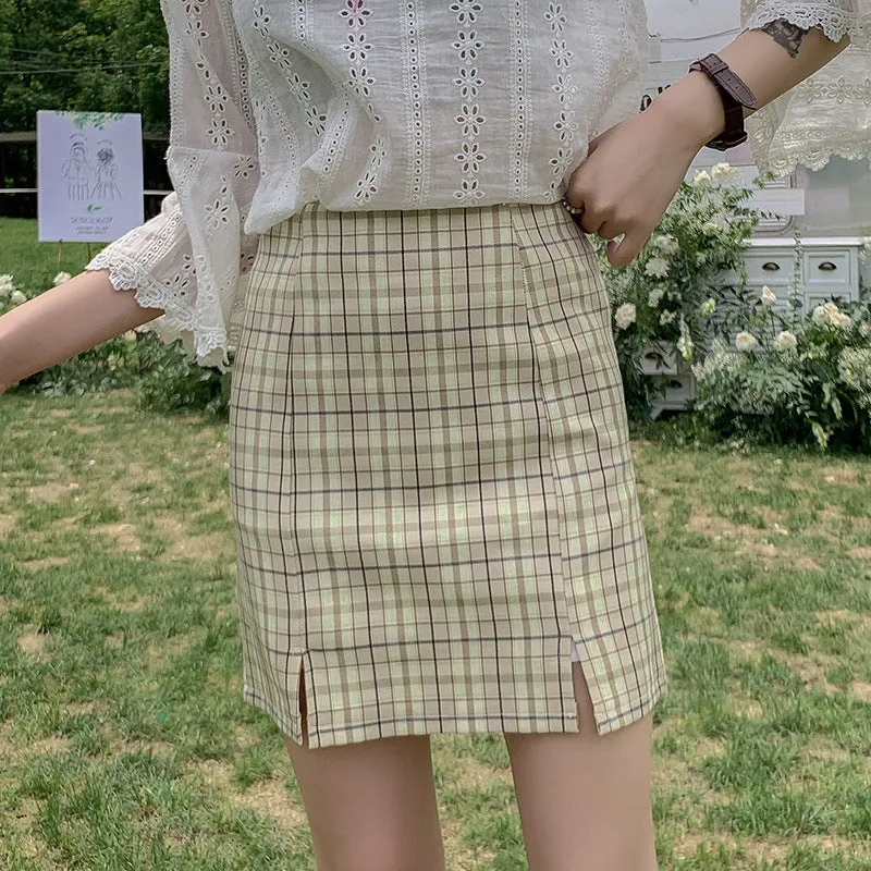 Chequered Skirt Women Pleated Korean Student High Waist Splitted A-Line Hip Flattering Skirt